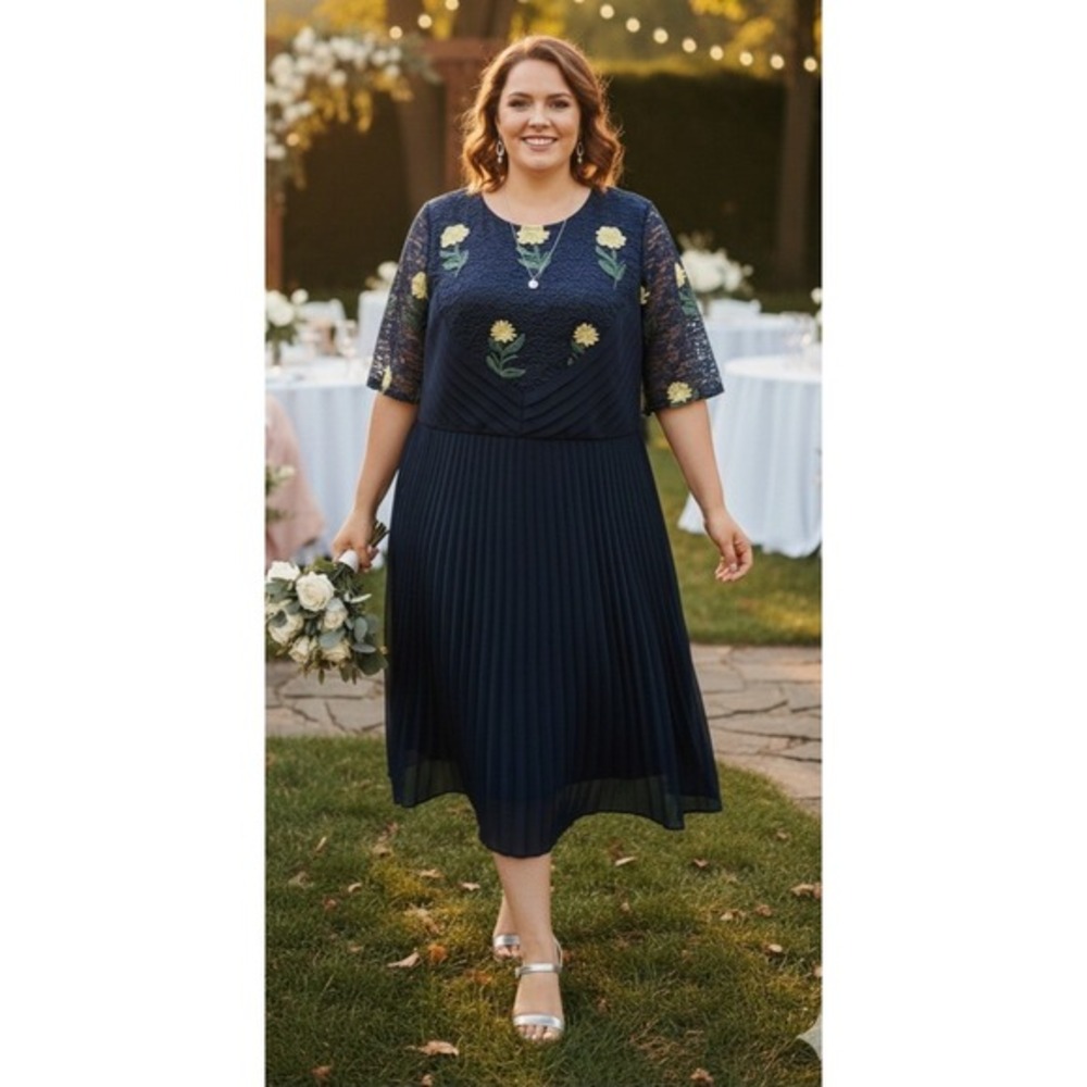 ASOS Pleated Midi Dress Womens 20 Navy Floral Lace Wedding‎ Guest Plus Size